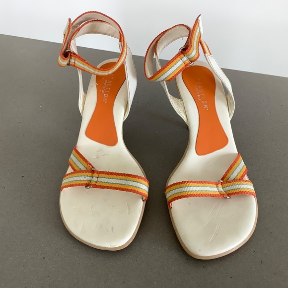 Kenneth Cole Reaction, White/Orange/Blue Striped Heeled Strappy Sandals, Size 8 - Picture 2 of 5